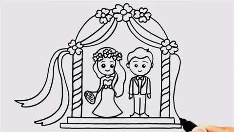 简笔画:教你怎么画结婚现场的新郎新娘,边画边学习线条