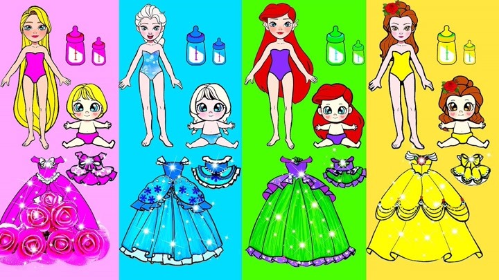纸娃娃动画：长发、艾尔莎、爱丽儿公主，穿不同颜色的公主裙！