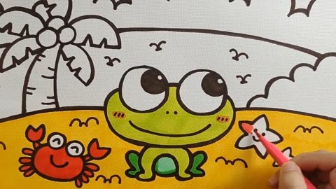 夏天景色儿童简笔画教程《快乐的小青蛙》,简单好画